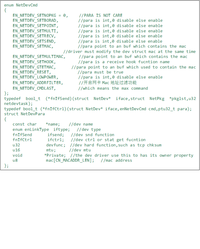 enum NetDevCmd
{
    EN_NETDEV_SETNOPKG = 0,     //PARA IS NOT CARE
    EN_NETDEV_SETBORAD,         //para is int,0 disable else enable
    EN_NETDEV_SETPOINT,         //para is int,0 disable else enable
    EN_NETDEV_SETMULTI,         //para is int,0 disable else enable
    EN_NETDEV_SETRECV,          //para is int,0 disable else enable
    EN_NETDEV_SETSEND,          //para is int,0 disable else enable
    EN_NETDEV_SETMAC,           //para point to an buf which contains the mac
                           //driver must modify the dev struct mac at the same time
    EN_NETDEV_SETMULTIMAC,      //para point to an buf which contains the mac
    EN_NETDEV_SETHOOK,          //para is a receive hook fucntion name
    EN_NETDEV_GTETMAC,       //para point to an buf which used to contain the mac
    EN_NETDEV_RESET,            //para must be true
    EN_NETDEV_LOWPOWER,         //para is int,0 disable else enable
    EN_NETDEV_ADDRFILTER,       //开启网卡Mac地址过滤功能
    EN_NETDEV_CMDLAST,          //which means the max command
}; 
typedef bool_t (*fnIfSend)(struct NetDev* iface,struct NetPkg *pkglst,u32 netdevtask);
typedef bool_t (*fnIfCtrl)(struct NetDev* iface,enNetDevCmd cmd,ptu32_t para);
struct NetDevPara
{
    const char    *name;    //dev name
    enum enLinkType  iftype;   //dev type
    fnIfSend       ifsend;   //dev snd function
    fnIfCtrl       ifctrl;   //dev ctrl or stat get fucntion
    u32            devfunc;  //dev hard function,such as tcp chksum
    u16            mtu;      //dev mtu
    void          *Private;  //the dev driver use this to has its owner property
    u8             mac[CN_MACADDR_LEN];   //mac address
};
